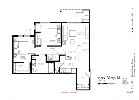 Floor plan for 2 beds, 1 bath, 950 sqft